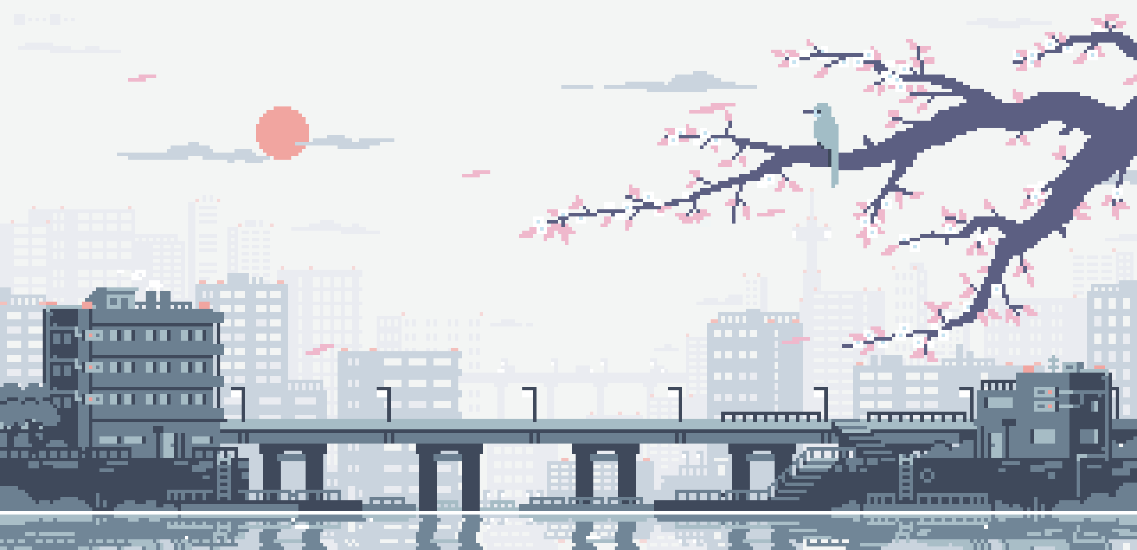 Animated pixel art of a city skyline at dusk, with a cherry blossom branch and a bird perched in the foreground